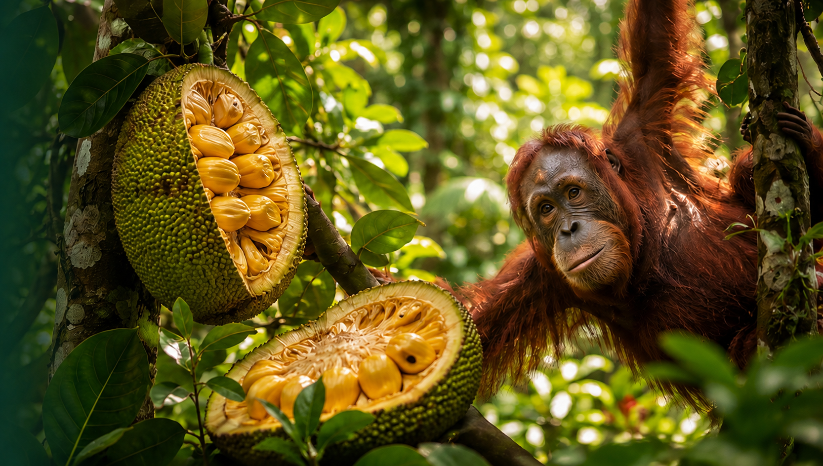 Ripe jackfruit growing in a tropical forest with an orangutan nearby
